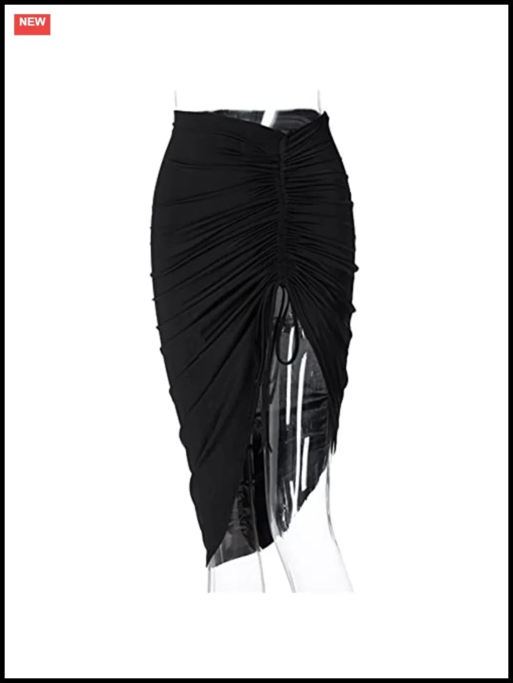Bodycon Midi Skirt with Thigh High Slit, Ruched Drawstring, High Waist